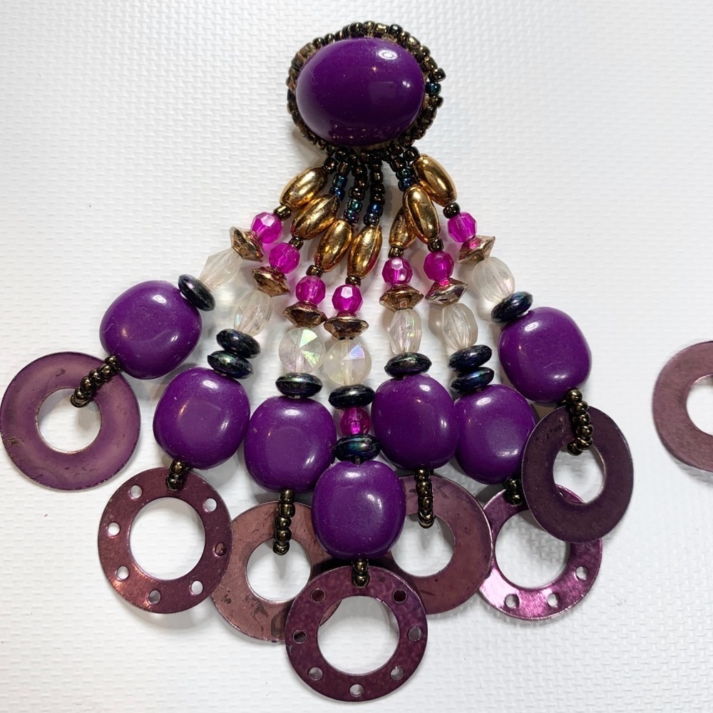 Purple Beaded Chunky Statement Earrings Sequins - Picture 3 of 8